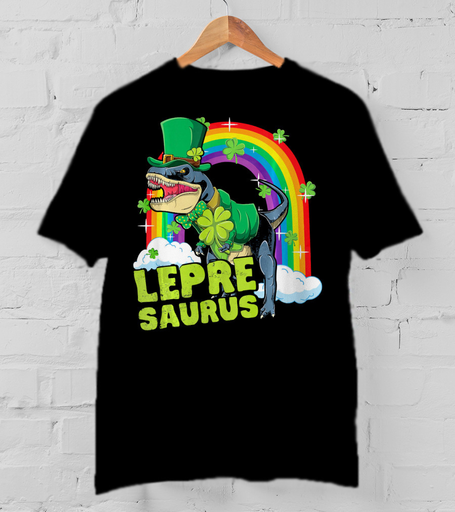 Lepresaurus Dinosaur With Shamrocks And Rainbow St Patrick's Day T-Shirt