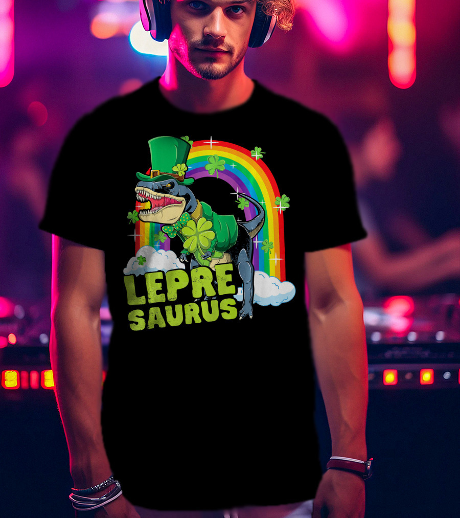 Lepresaurus Dinosaur With Shamrocks And Rainbow St Patrick's Day T-Shirt