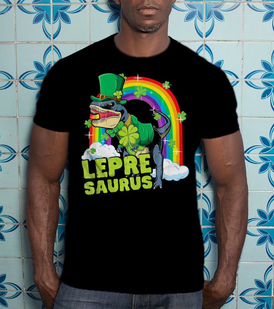 Lepresaurus Dinosaur With Shamrocks And Rainbow St Patrick's Day T-Shirt
