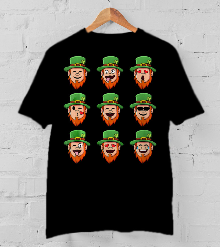 Leprechaun Emoji Faces With Various Expressions In Green Hat And Orange Beard T-Shirt