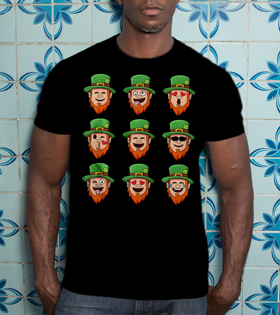 Leprechaun Emoji Faces With Various Expressions In Green Hat And Orange Beard T-Shirt