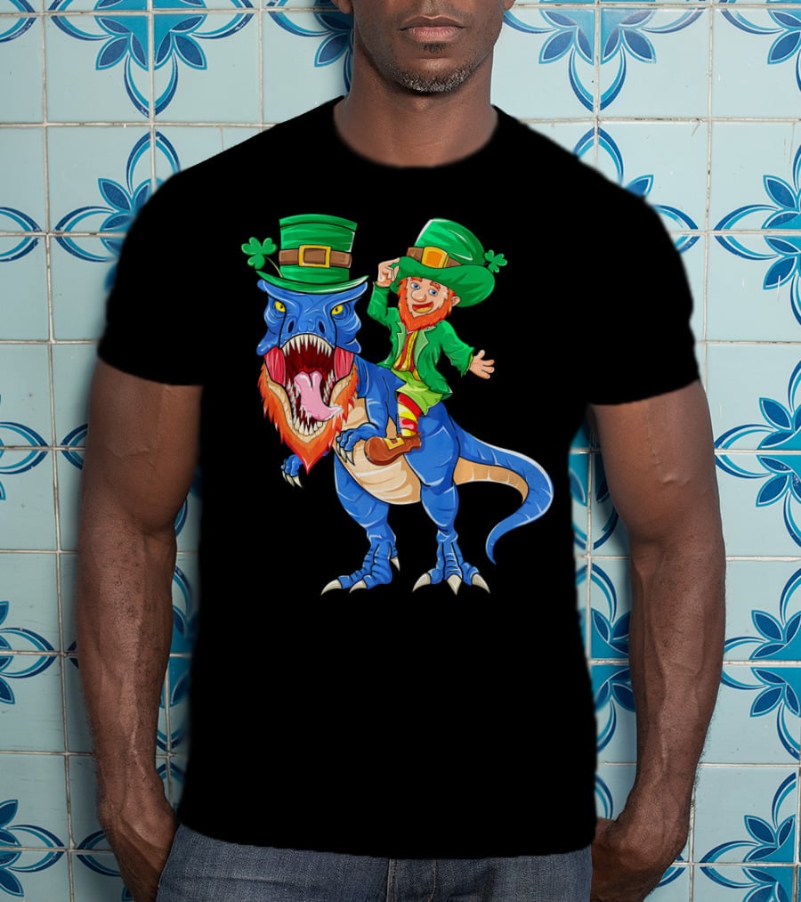T Rex Dinosaur Ridden By Leprechaun St Patricks Day T-Shirt