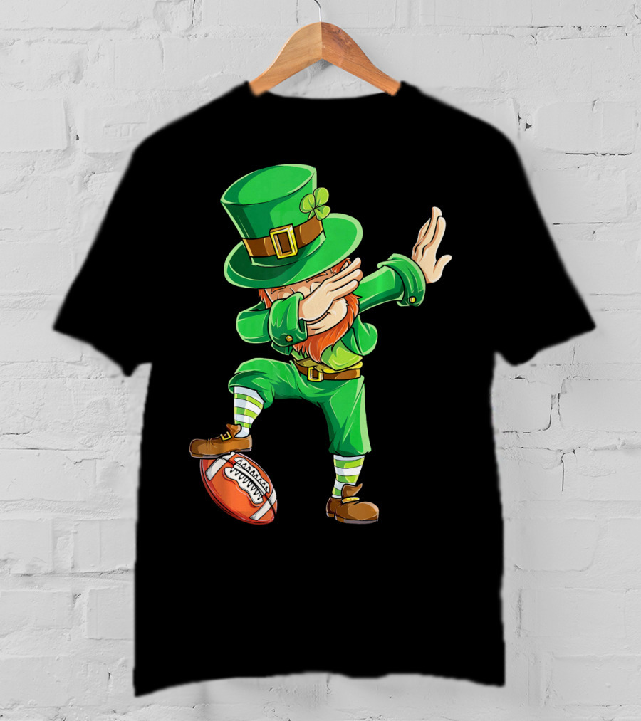 Leprechaun Dabbing On Football With Green Hat And Orange Beard T-Shirt