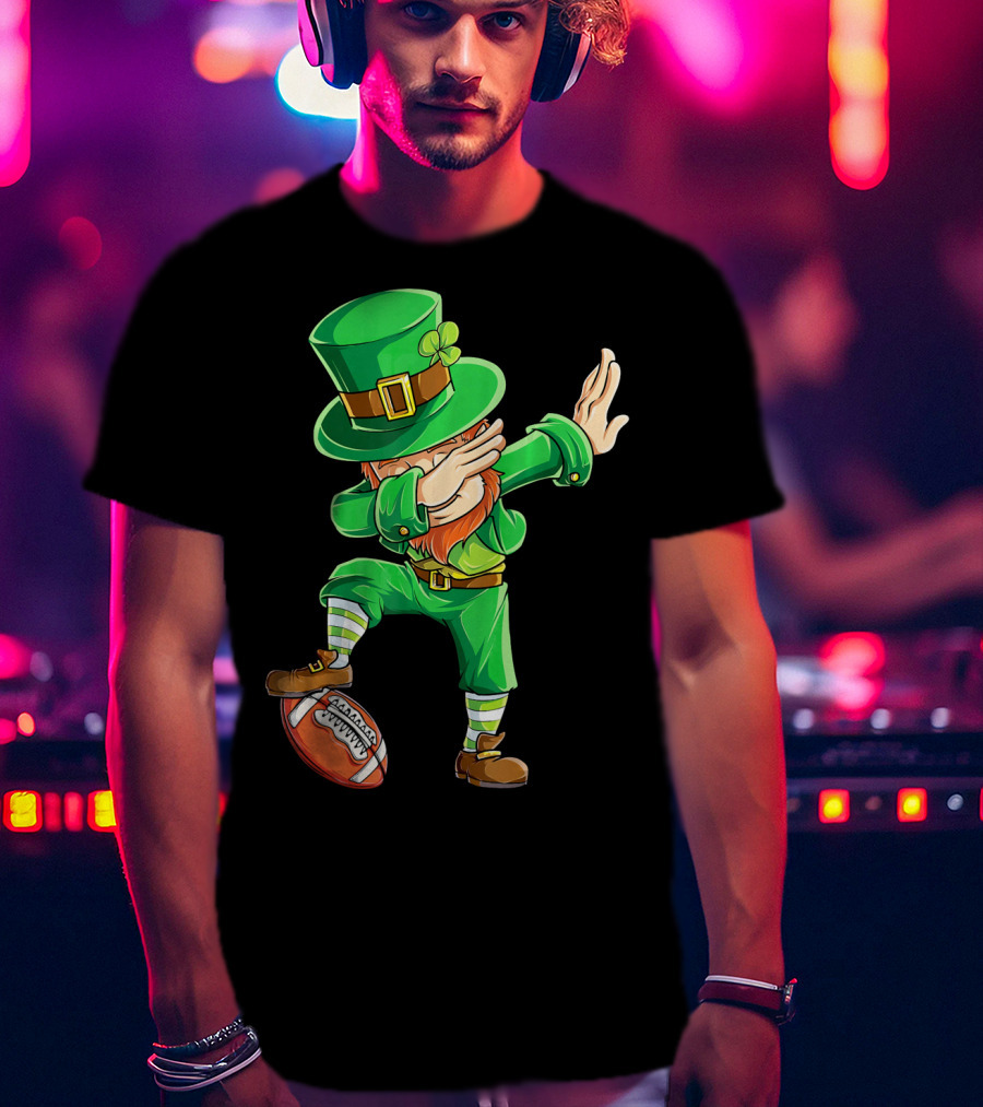 Leprechaun Dabbing On Football With Green Hat And Orange Beard T-Shirt