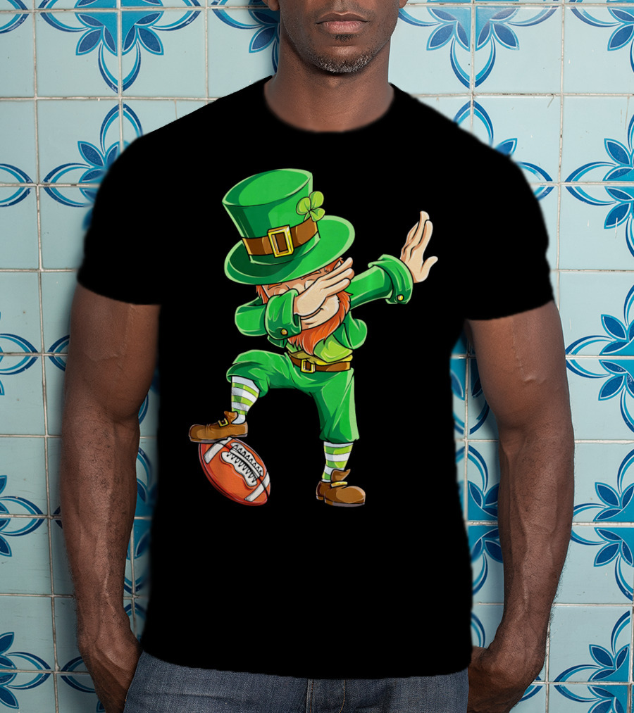 Leprechaun Dabbing On Football With Green Hat And Orange Beard T-Shirt