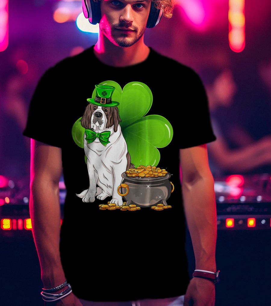 Saint Bernard Leprechaun St Patricks Day Pot Of Gold Clover T-Shirt