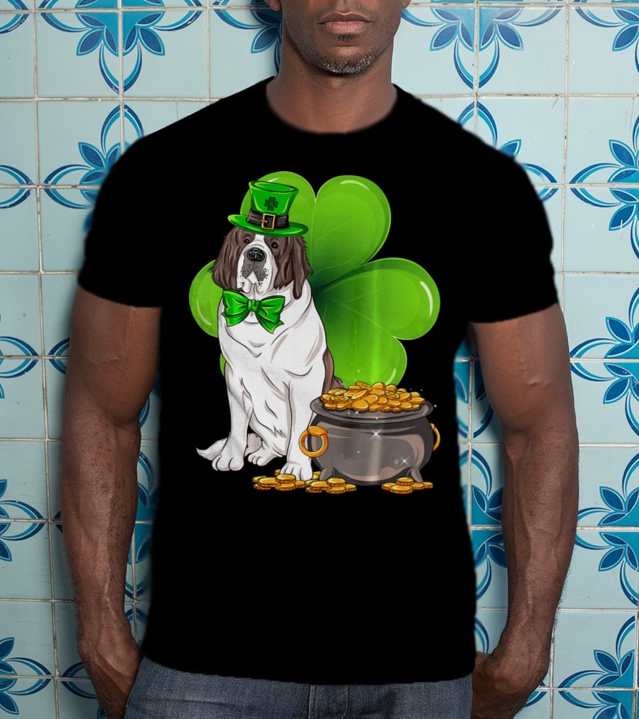 Saint Bernard Leprechaun St Patricks Day Pot Of Gold Clover T-Shirt