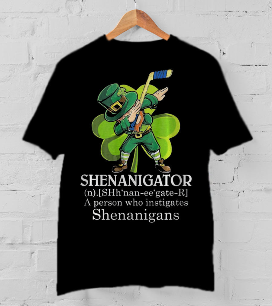 Shenanigator Dabbing Leprechaun Instigates Shenanigans Hockey Shamrock T-Shirt