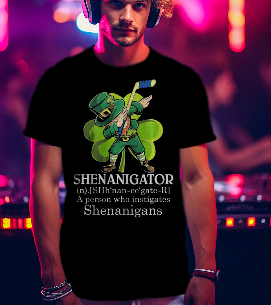 Shenanigator Dabbing Leprechaun Instigates Shenanigans Hockey Shamrock T-Shirt