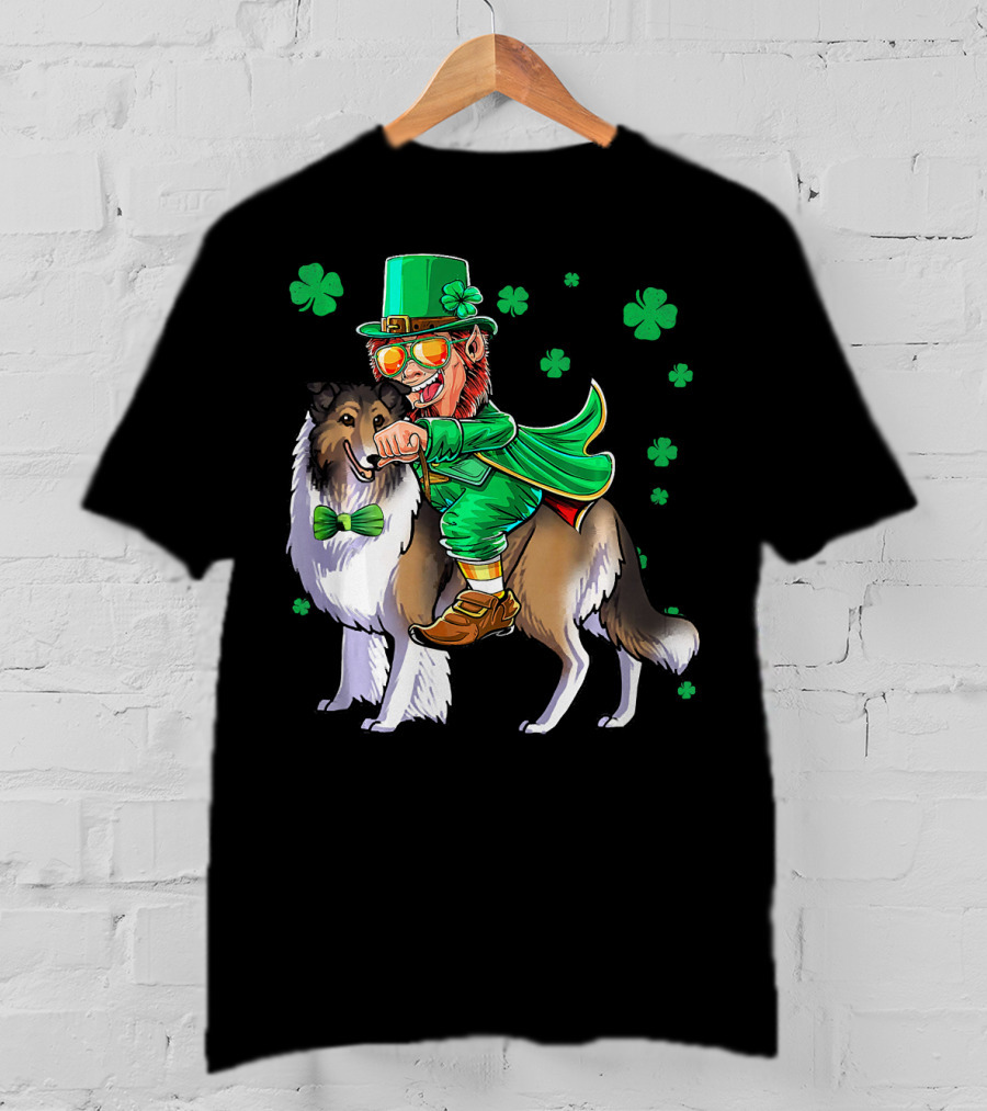 Leprechaun Riding Collie With Shamrocks For St. Patrick's Day T-Shirt
