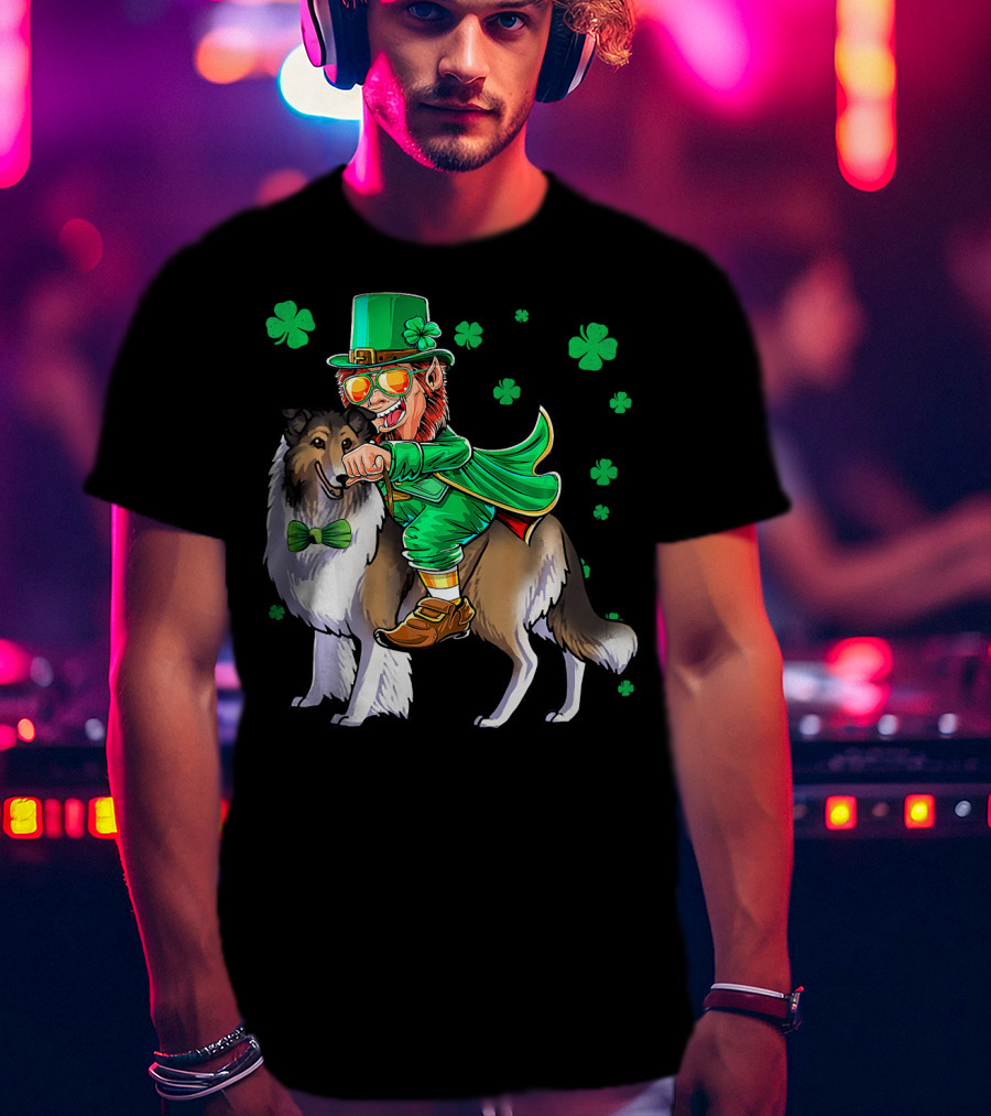 Leprechaun Riding Collie With Shamrocks For St. Patrick's Day T-Shirt