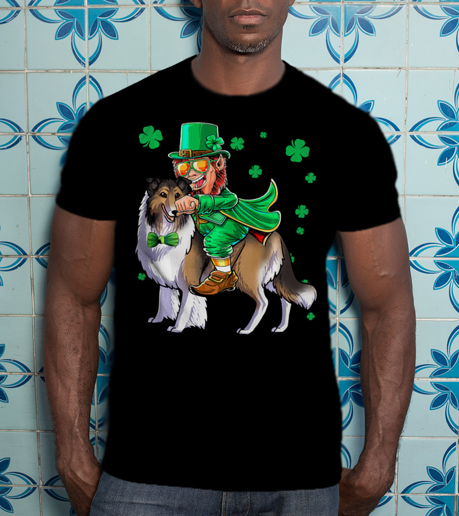 Leprechaun Riding Collie With Shamrocks For St. Patrick's Day T-Shirt
