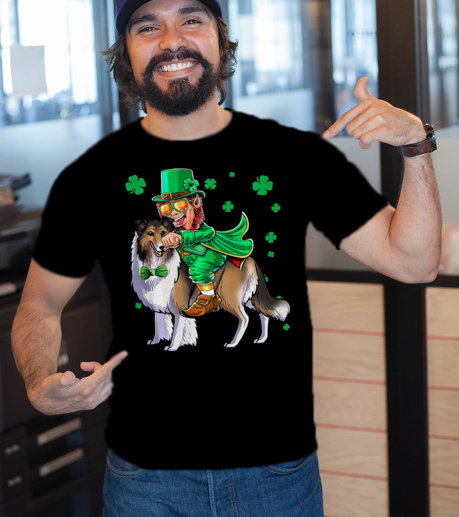 Leprechaun Riding Collie With Shamrocks For St. Patrick's Day T-Shirt
