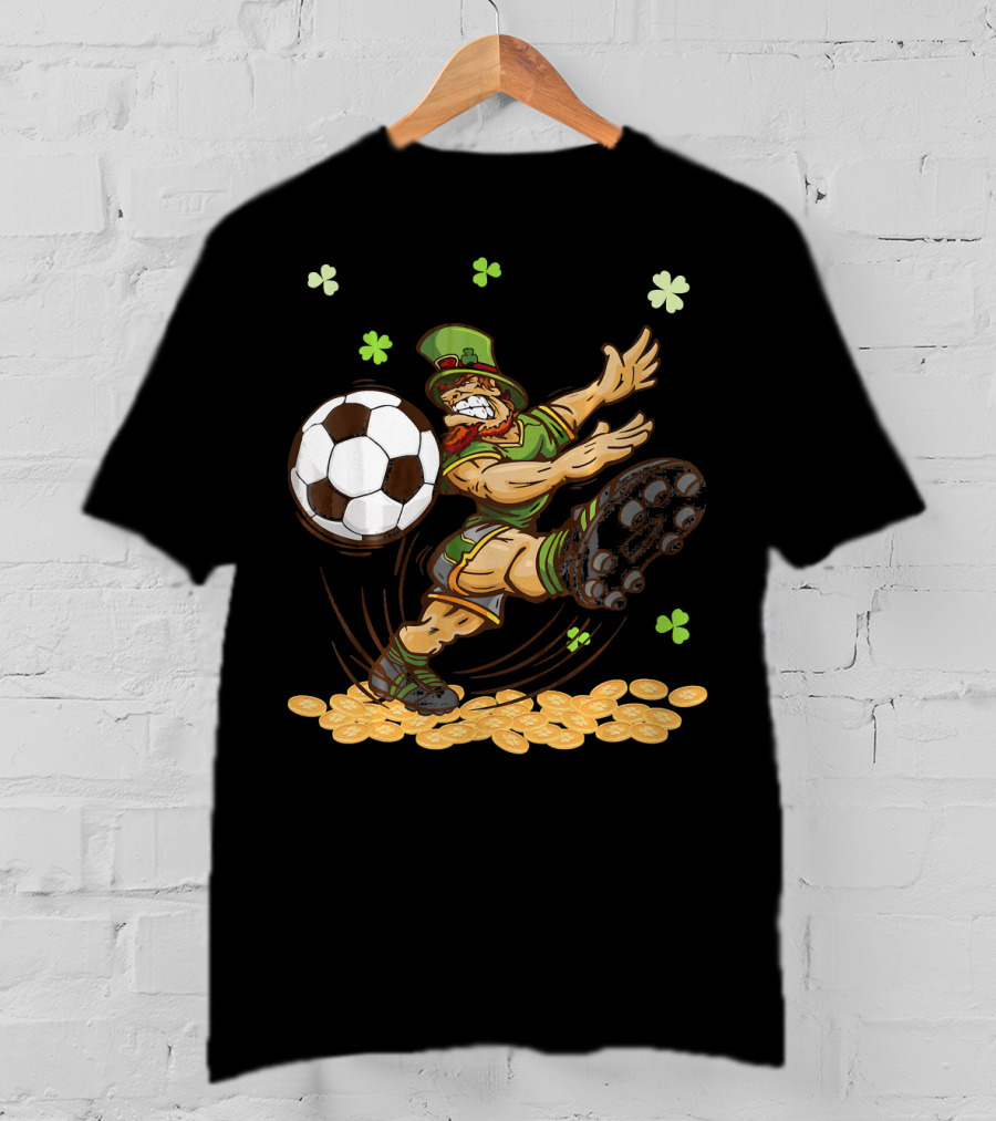 Leprechaun Playing Soccer Surrounded By Shamrocks And Gold Coins T-Shirt