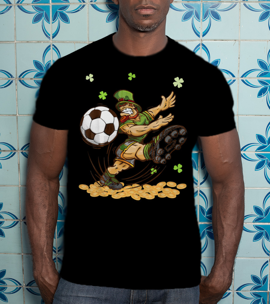 Leprechaun Playing Soccer Surrounded By Shamrocks And Gold Coins T-Shirt
