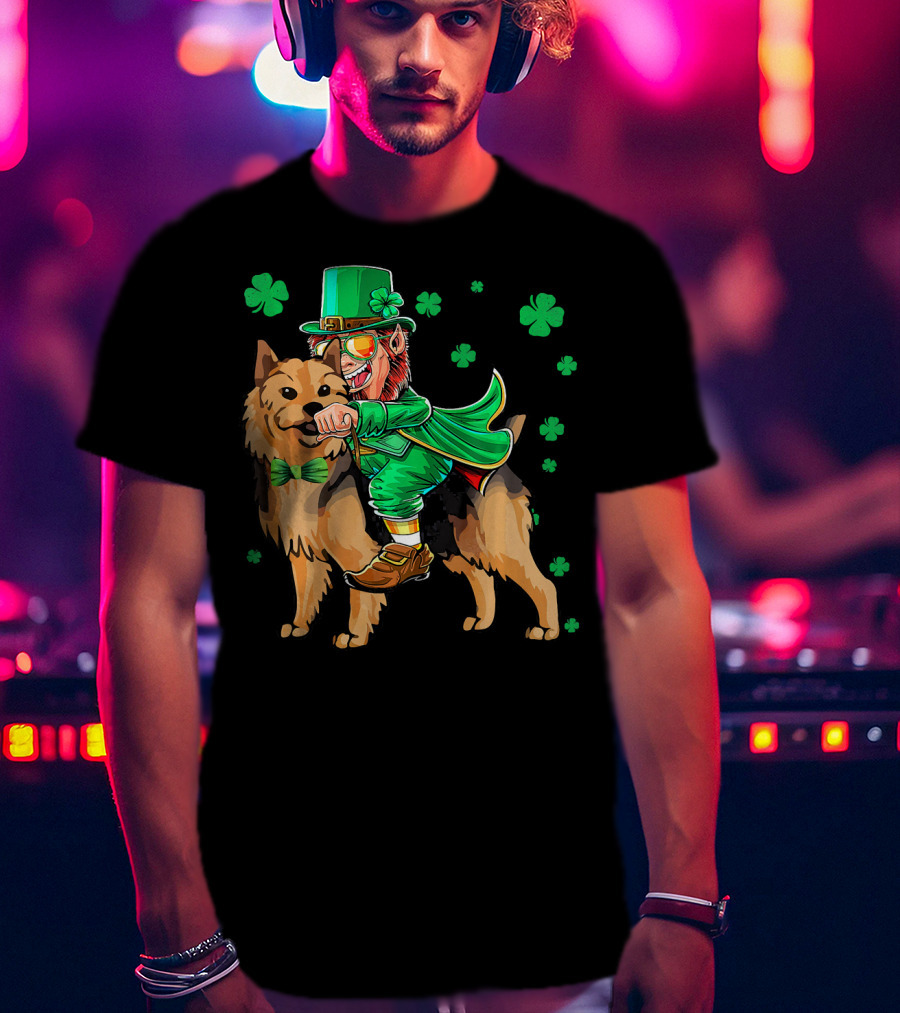 Leprechaun Riding Australian Terrier With Shamrocks T-Shirt