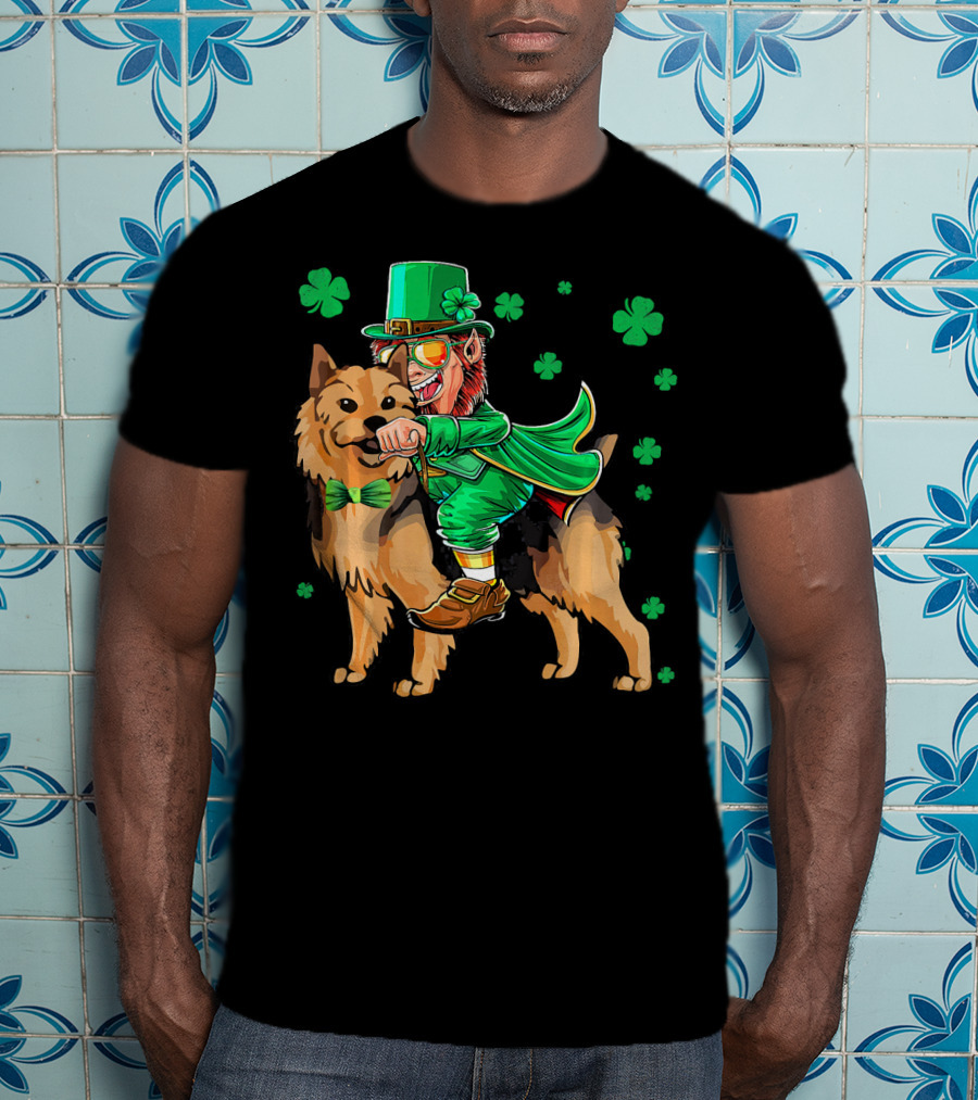 Leprechaun Riding Australian Terrier With Shamrocks T-Shirt