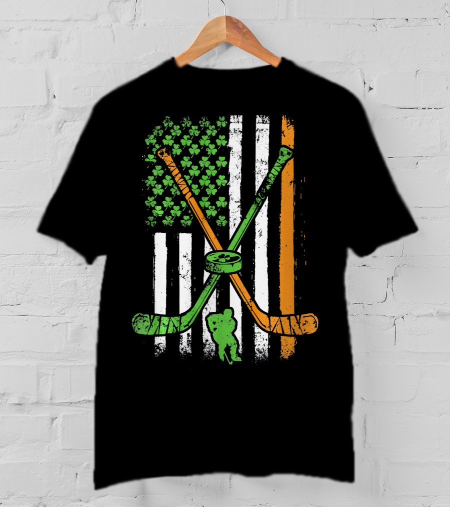 Irish American Flag Shamrock Hockey Sticks Player T-Shirt