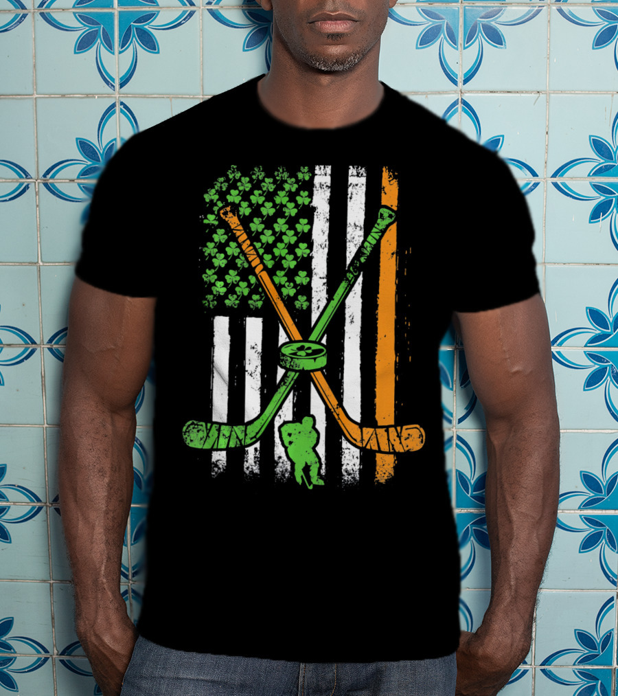 Irish American Flag Shamrock Hockey Sticks Player T-Shirt