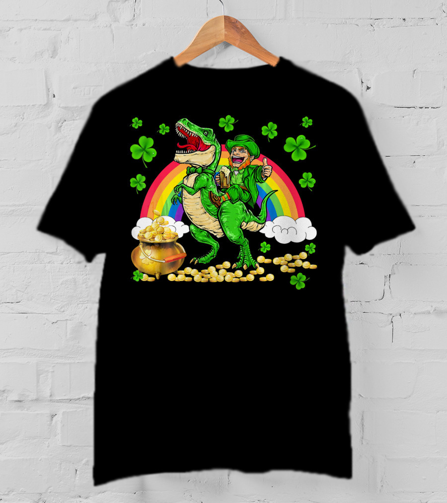Leprechaun Riding Dinosaur With Rainbow And Pot Of Gold T-Shirt