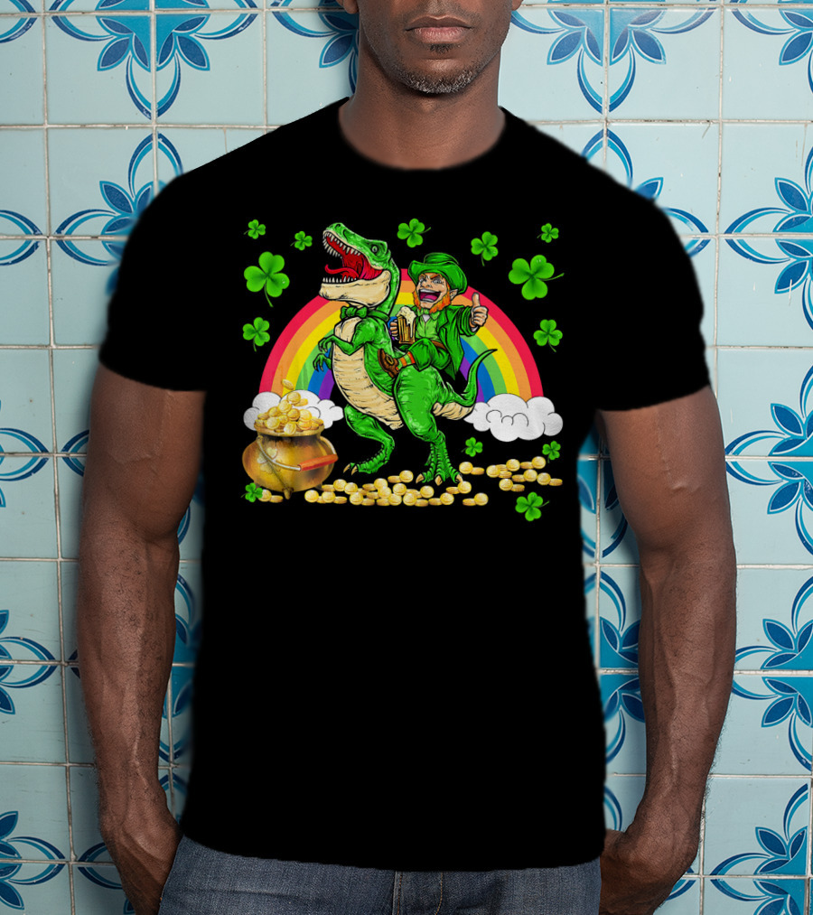 Leprechaun Riding Dinosaur With Rainbow And Pot Of Gold T-Shirt