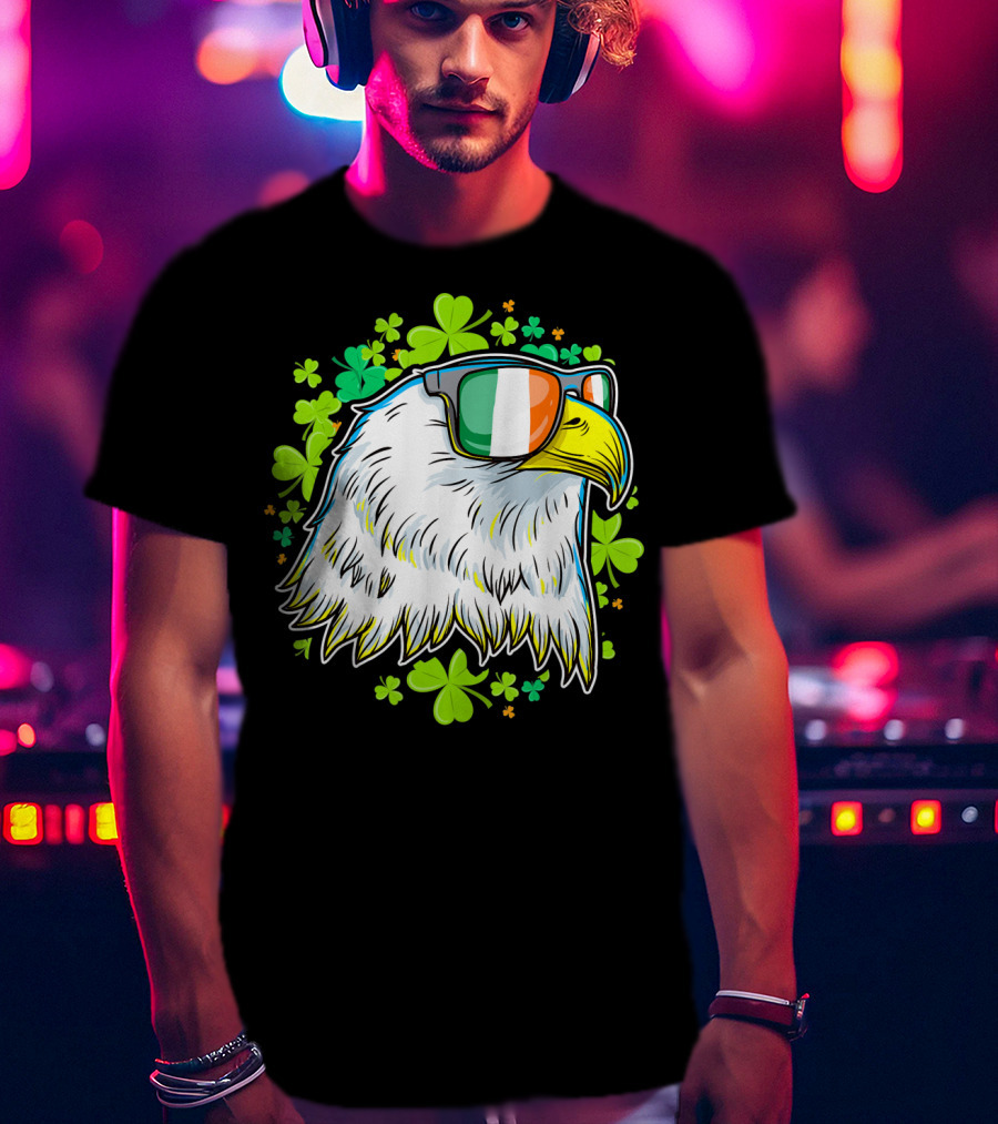 Mens Funny St Patricks Day Eagle Clover Sunglasses T-Shirt