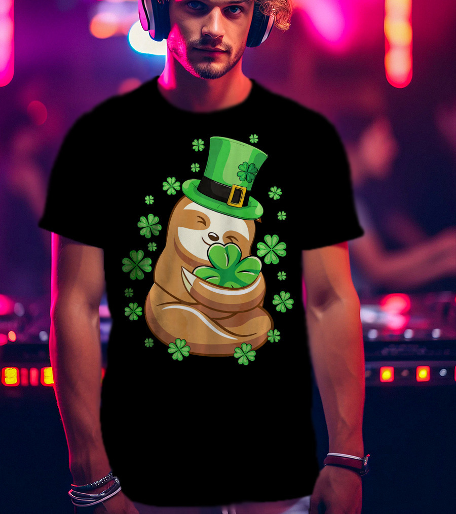 Lucky Sloth St Patricks Day Leprechaun With Shamrocks And Green Hat T-Shirt