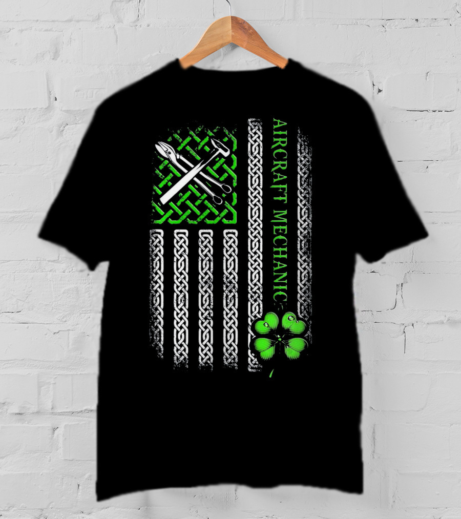 Aircraft Mechanic Clover Flag Celtic Knot T-Shirt