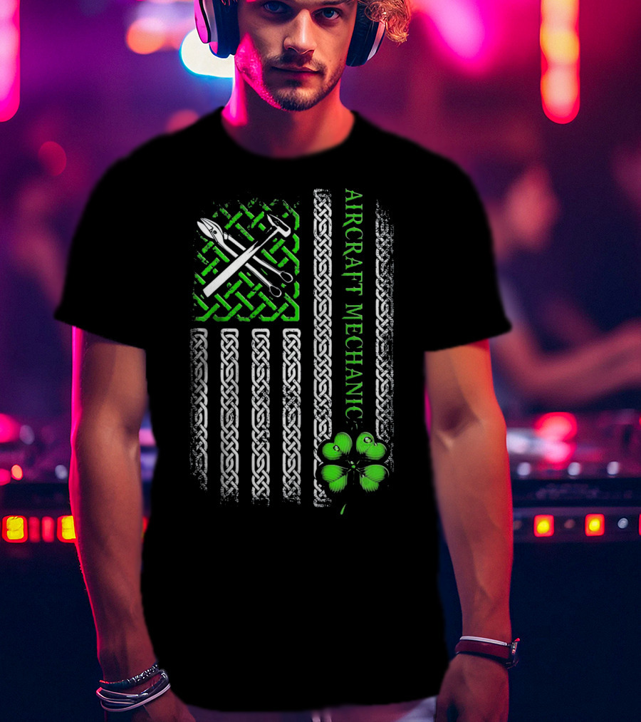 Aircraft Mechanic Clover Flag Celtic Knot T-Shirt
