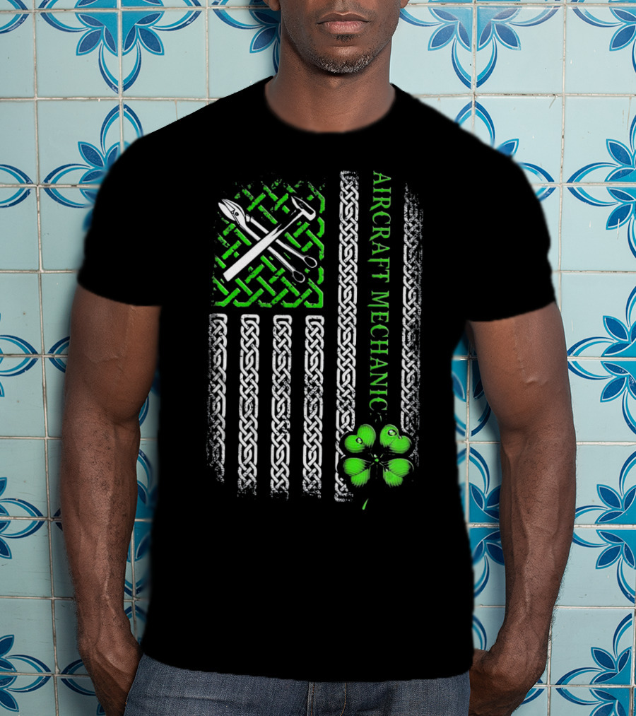 Aircraft Mechanic Clover Flag Celtic Knot T-Shirt