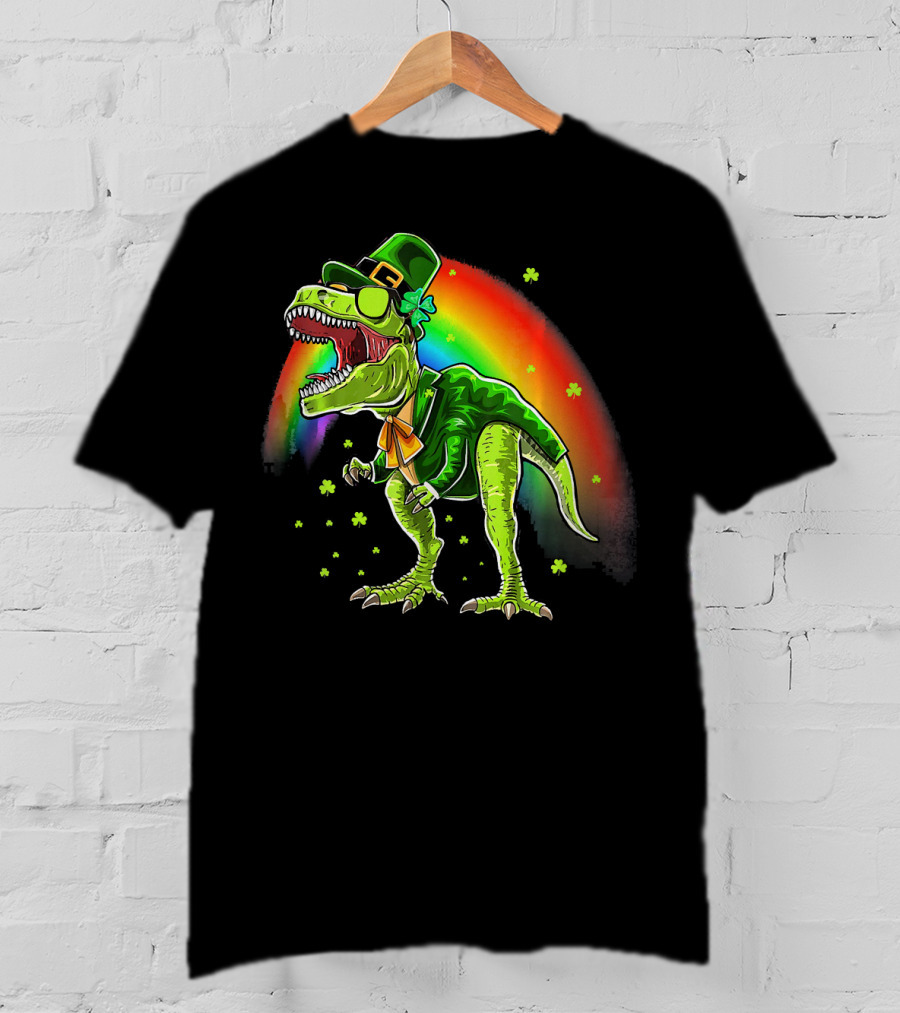 St. Patricks Day T-Rex Dinosaur Leprechaun With Rainbow And Shamrocks T-Shirt