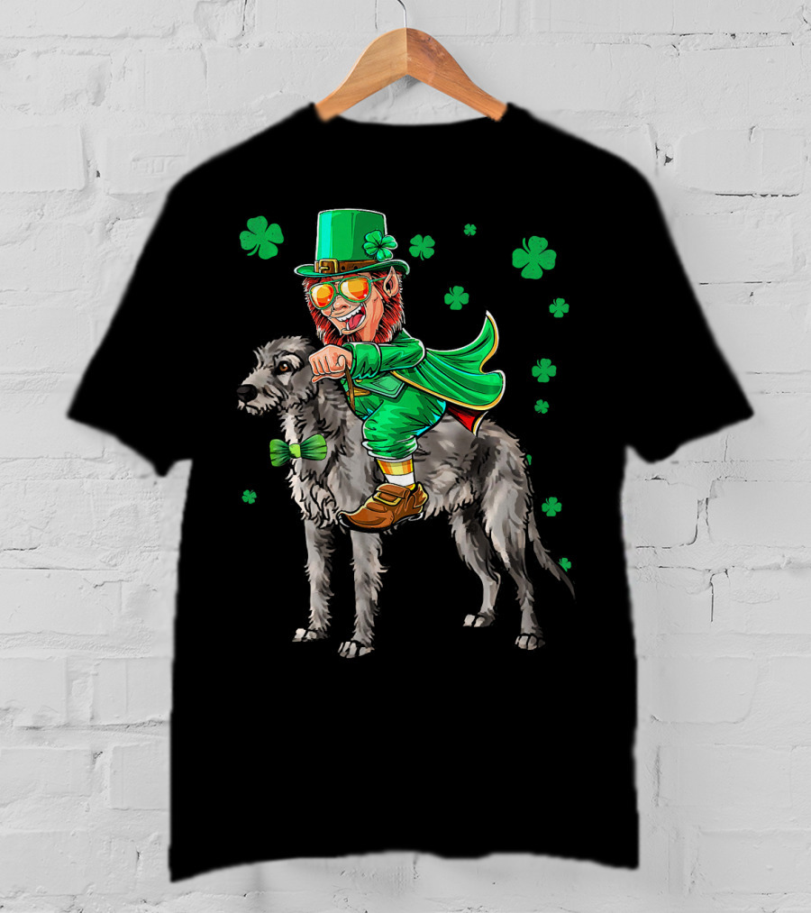Leprechaun Riding Irish Wolfhound With Shamrock Symbols T-Shirt