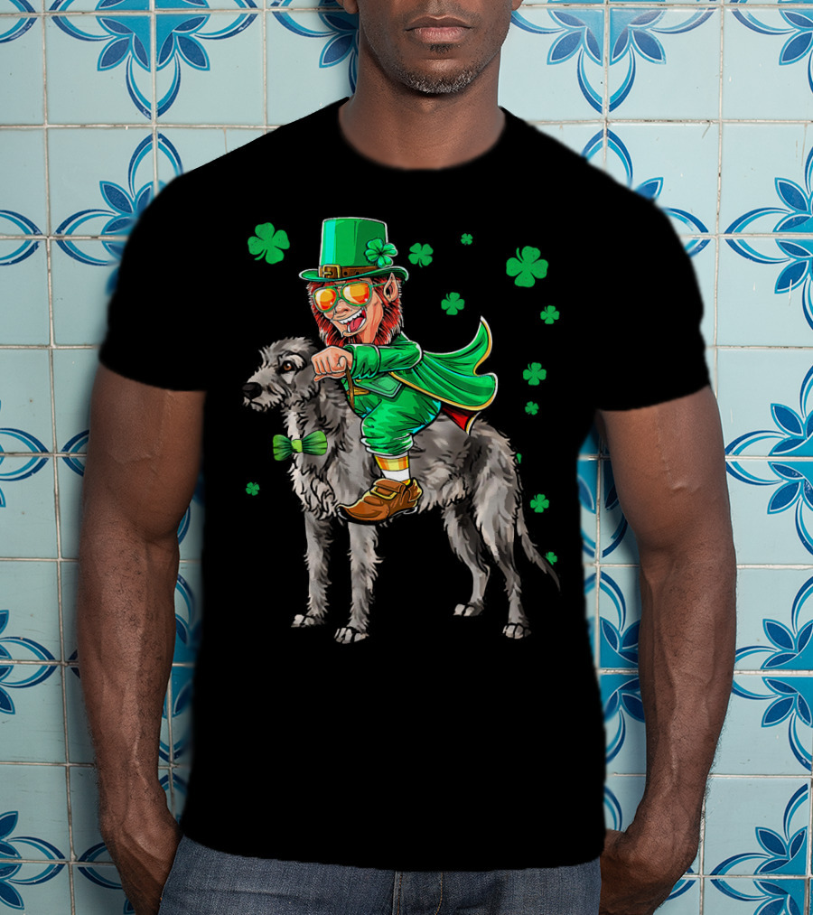 Leprechaun Riding Irish Wolfhound With Shamrock Symbols T-Shirt