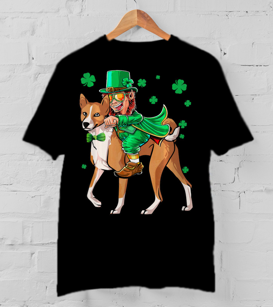 Leprechaun Riding Basenji With Shamrocks St Patricks T-Shirt