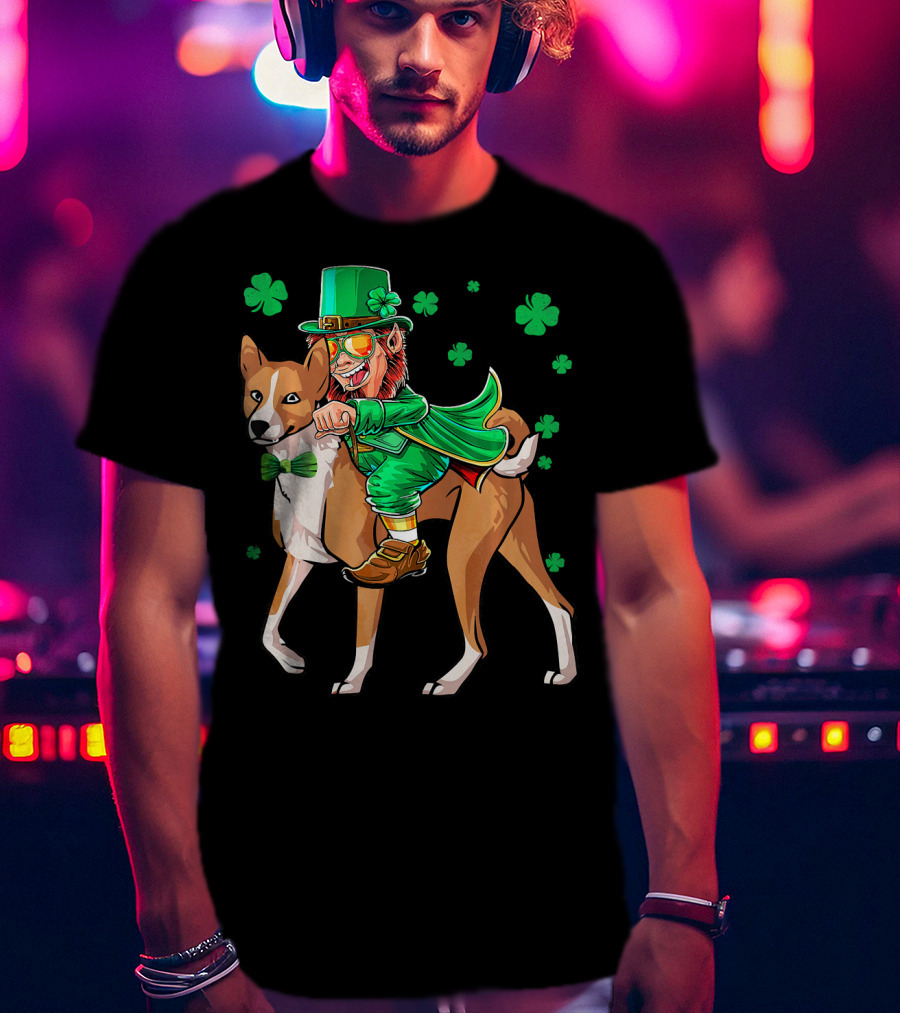 Leprechaun Riding Basenji With Shamrocks St Patricks T-Shirt