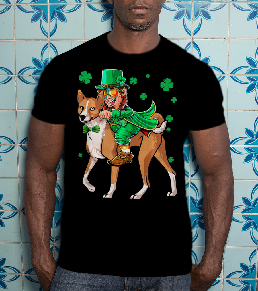 Leprechaun Riding Basenji With Shamrocks St Patricks T-Shirt