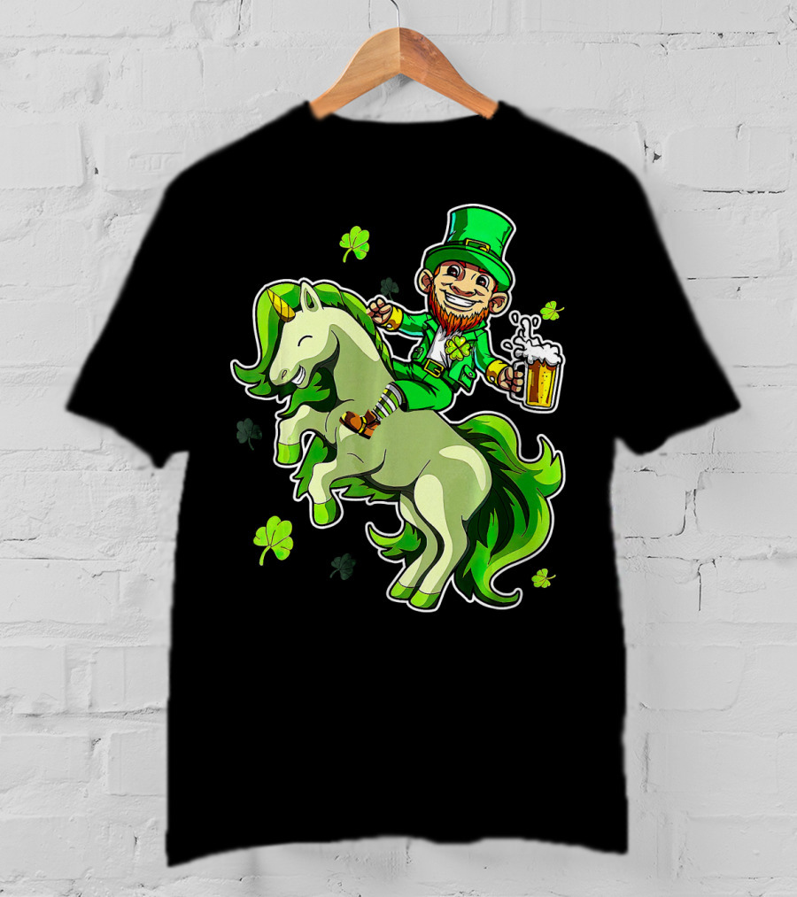 Leprechaun Riding A Green Unicorn Holding Beer With Shamrocks T-Shirt