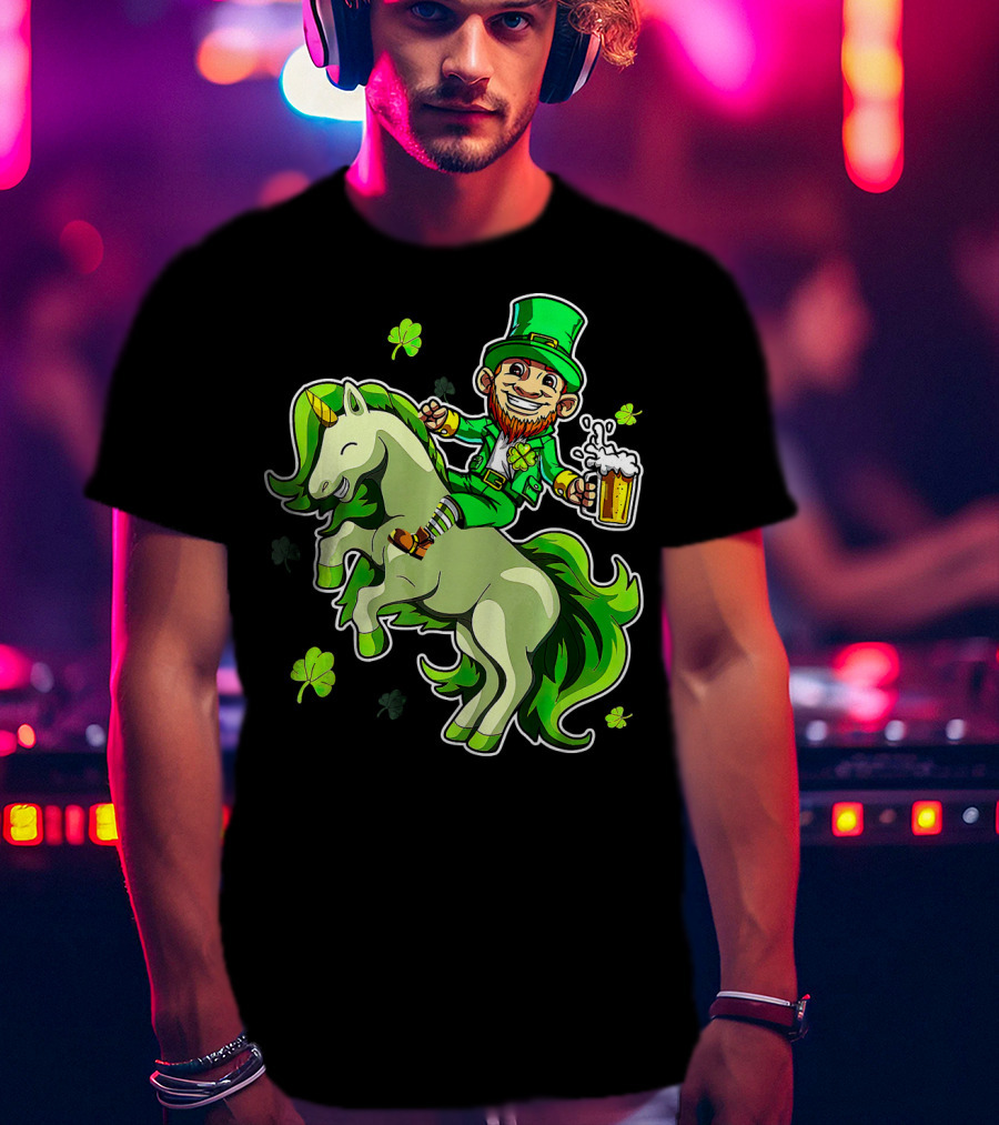 Leprechaun Riding A Green Unicorn Holding Beer With Shamrocks T-Shirt
