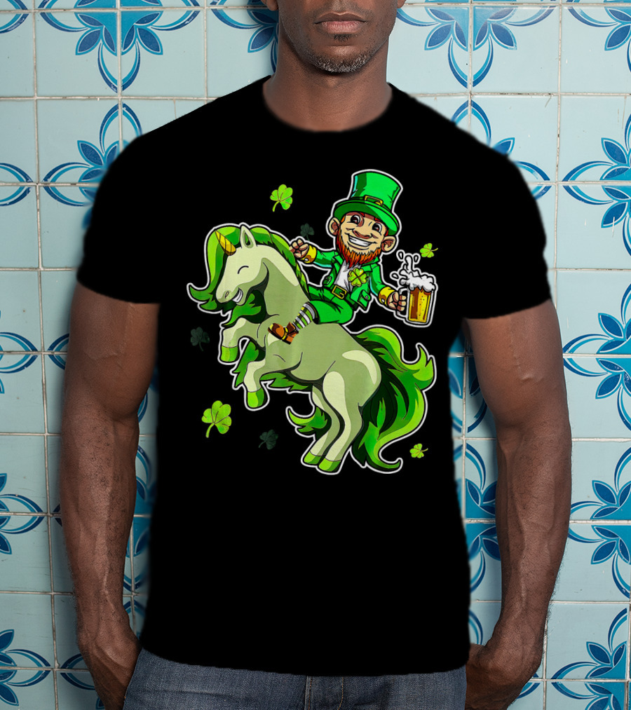 Leprechaun Riding A Green Unicorn Holding Beer With Shamrocks T-Shirt