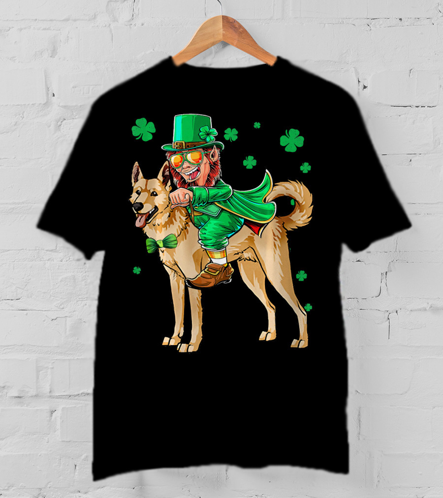 Leprechaun Riding Canaan Dog With Shamrock St. Patrick's Day T-Shirt