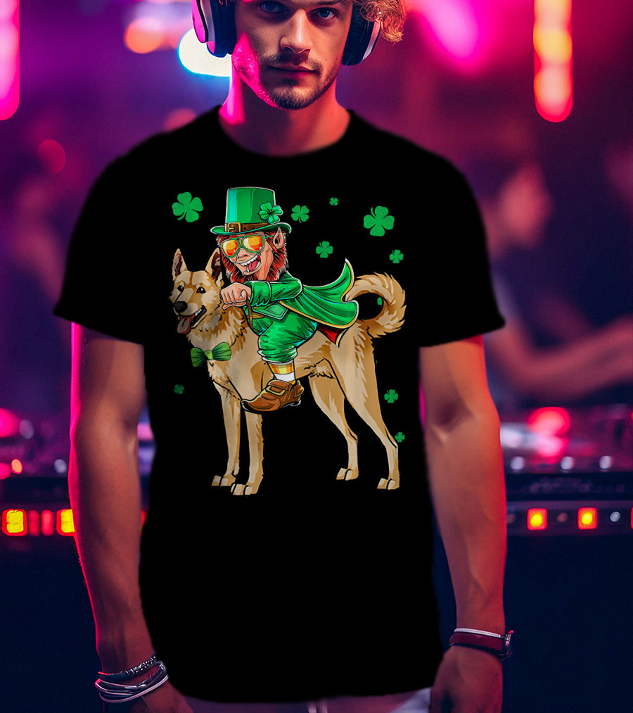 Leprechaun Riding Canaan Dog With Shamrock St. Patrick's Day T-Shirt