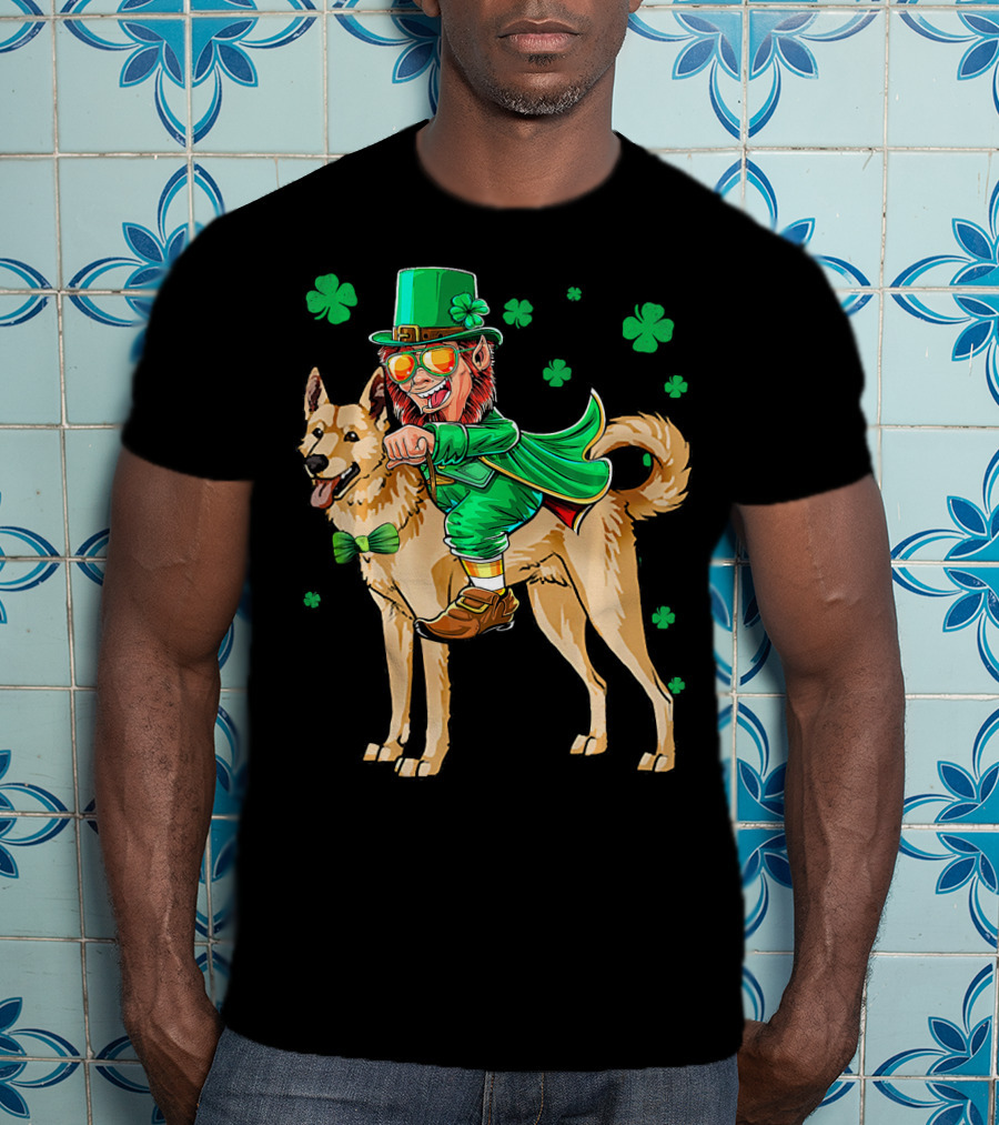 Leprechaun Riding Canaan Dog With Shamrock St. Patrick's Day T-Shirt