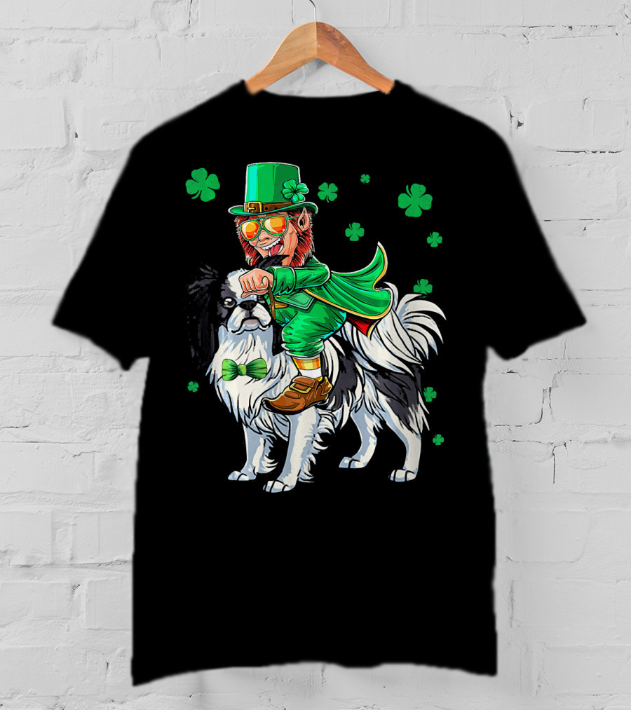 Leprechaun Riding Japanese Chin With Shamrock Clovers T-Shirt