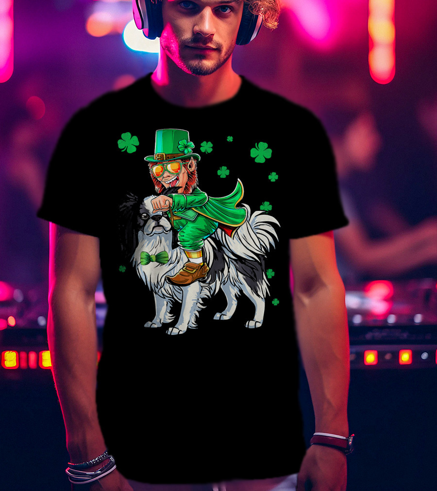 Leprechaun Riding Japanese Chin With Shamrock Clovers T-Shirt