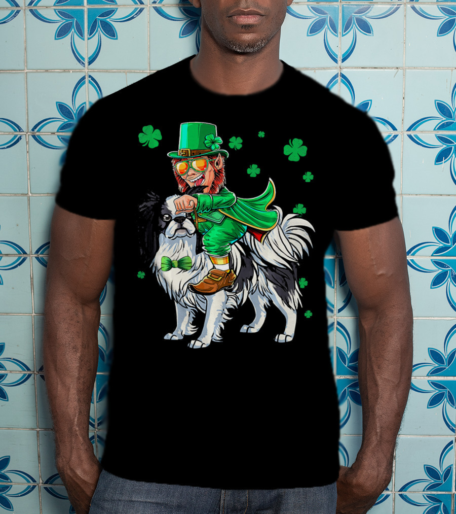 Leprechaun Riding Japanese Chin With Shamrock Clovers T-Shirt