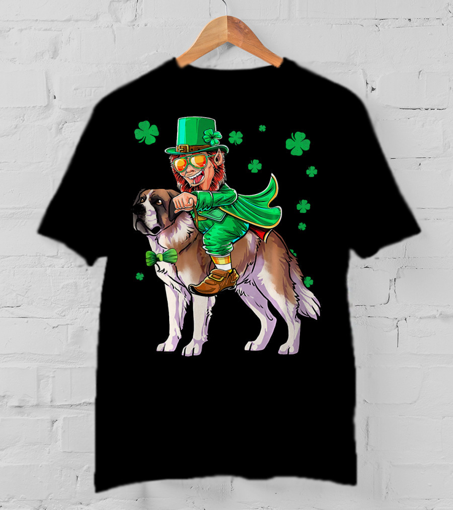 Leprechaun Riding Saint Bernard With Shamrocks T-Shirt