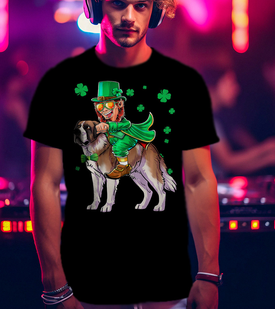 Leprechaun Riding Saint Bernard With Shamrocks T-Shirt