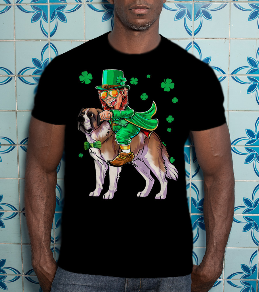 Leprechaun Riding Saint Bernard With Shamrocks T-Shirt