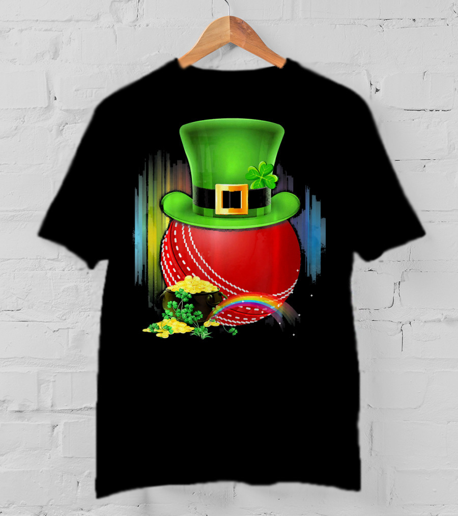 Cricket Ball Leprechaun Hat Rainbow Coin Saint Patricks T-Shirt