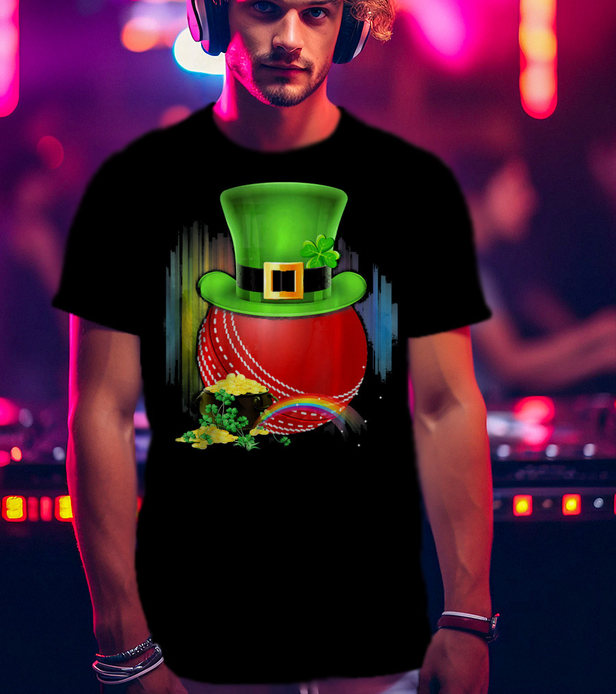 Cricket Ball Leprechaun Hat Rainbow Coin Saint Patricks T-Shirt